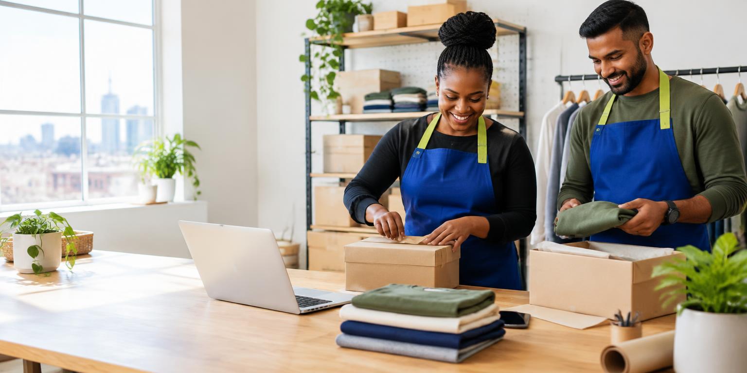 Illustrative South African business owners packing online orders